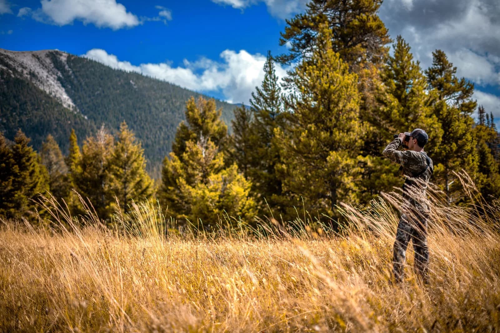 Person looking through binoculars in a mountain landscape.